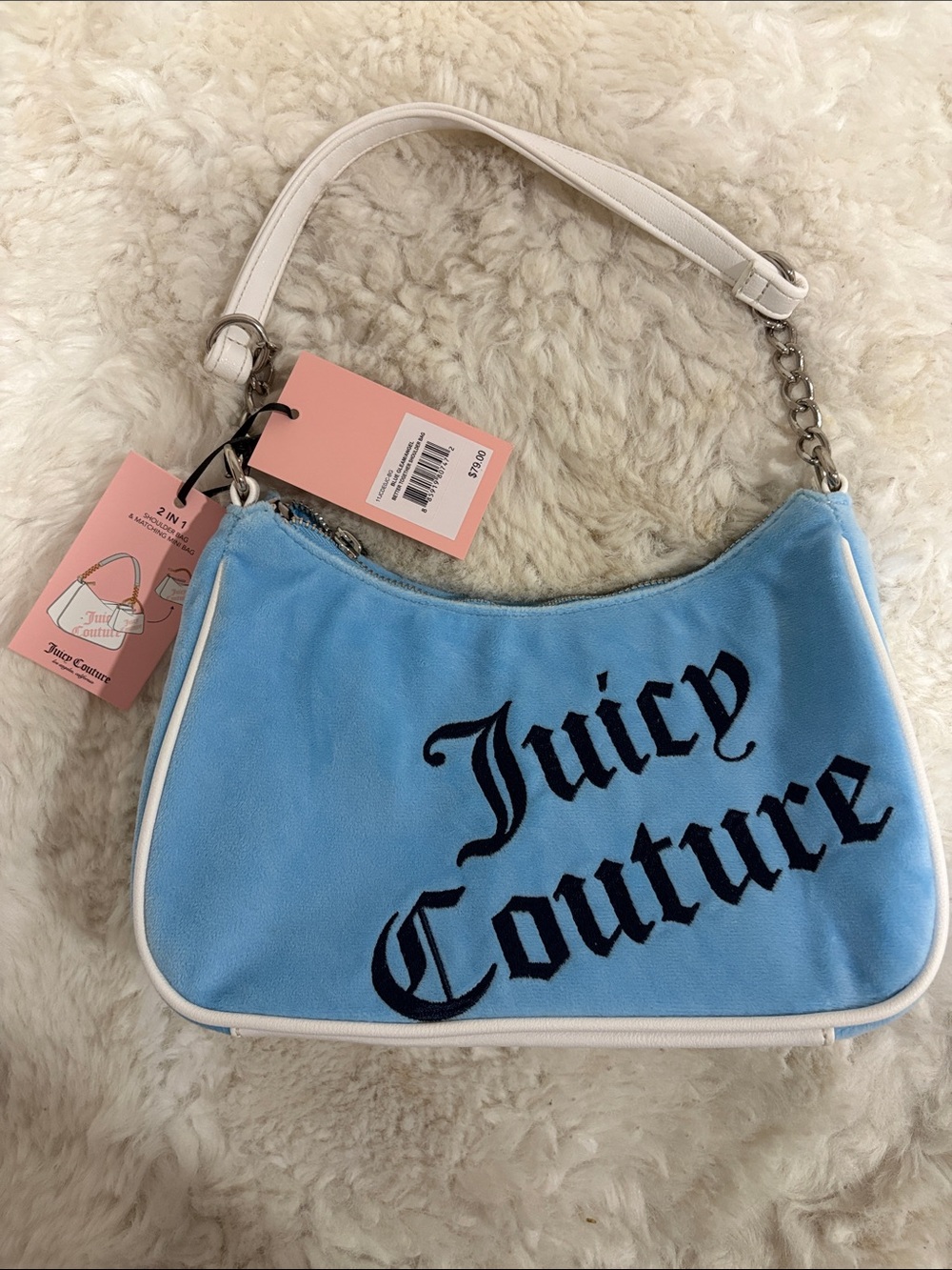 Juicy Couture Light Blue Velvet Shoulder Bag with White Trim